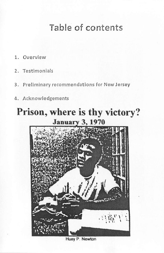 Table of contents  1. Overview 2. Testimonials 3. Preliminary recommendations for New Jersey  4. Acknowledgements  Prison, where is thy victory?  Huey P- Newton 